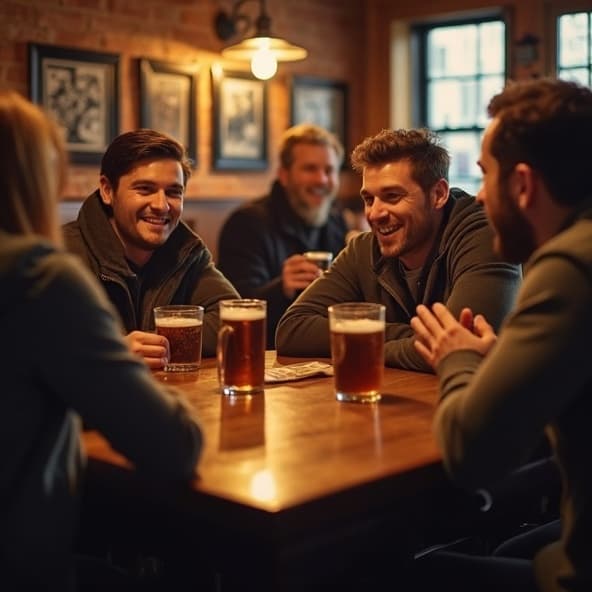 Friends enjoying drinks at SAWBUCKS Pub